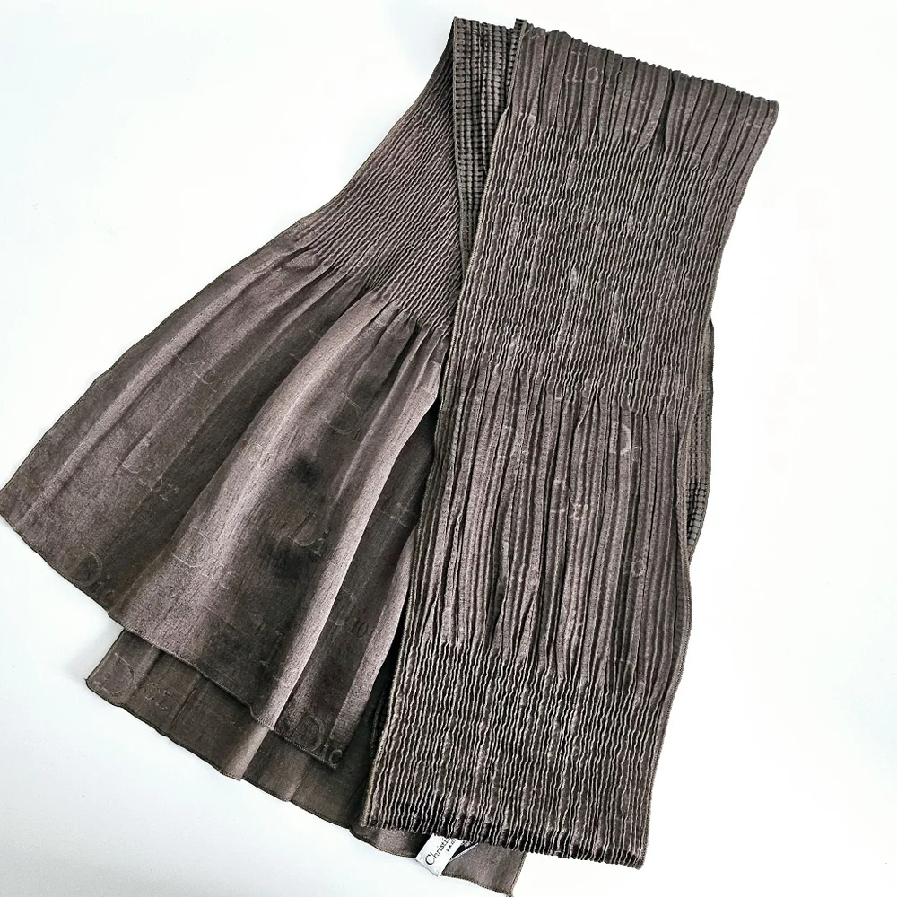 Dior Gray Pleated Silk Blend Scarf
